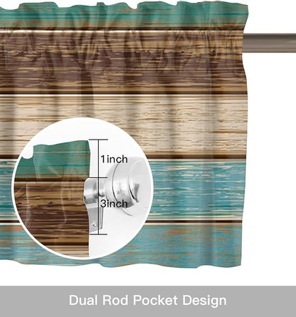 Farmhouse Kitchen Curtains Valances for Windows Teal Turquoise Green Brown Country Rod Pocket Window Treatment for Kitchen /Living Room/Bedroom/ Bathroom,60" X 18" -1 Panel, Retro Rustic Barn Wood