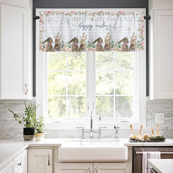 Rabbits Flowers Easter Kitchen Curtains and Valances Set,Eucalyptus Leaf Spring Summer Window Tiers Grey White Buffalo Plaid Half/Short Curtains for Small Windows Cafe /Living Room/ Bedroom 54x 36 in