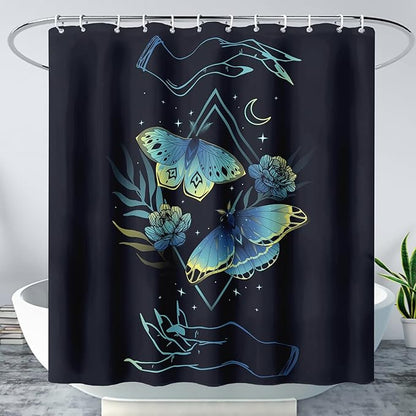 AILONEN Blue Moth Shower Curtain,Flora Death Moth Bath Curtain for Bathroom Decor,Polyester Waterproof with 12 Plastic Hooks 72" W*96" H