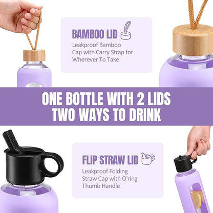 24oz Glass Water Bottle With 2 Lids-Flip Straw Lid, Bamboo Lid, Glass Water Bottle With Silicone Sleeve, Motivational Time Marker, Glass Juice Bottle for Cold Drink,Purple