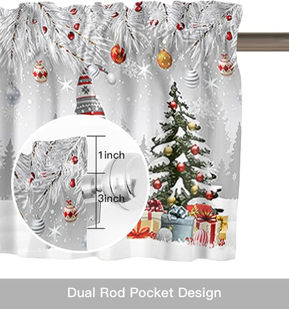 Christmas Gnome Valance Curtains for Kitchen Windows Winter Merry Christmas Tree Balls Rod Pocket Window Treatment Toppers for Kitchen/Living Room/Bedroom/Bathroom, 42" X 12", Grey