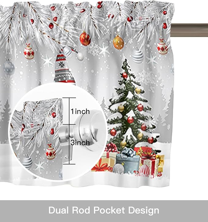 Christmas Gnome Valance Curtains for Kitchen Windows Winter Merry Christmas Tree Balls Rod Pocket Window Treatment Toppers for Kitchen/Living Room/Bedroom/Bathroom, 54" X 18", Grey