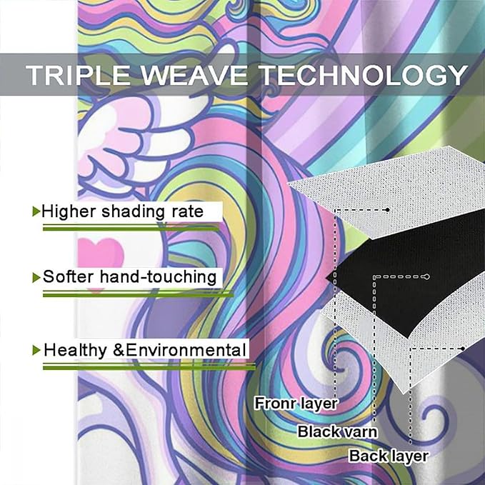 Kids Unicorn Curtains Purple Cartoon Rainbow Cartoon Room Blackout Curtains Boys Girls Baby Room Decor Curtains Living Room Decor 55x63 Inch 2 Panels