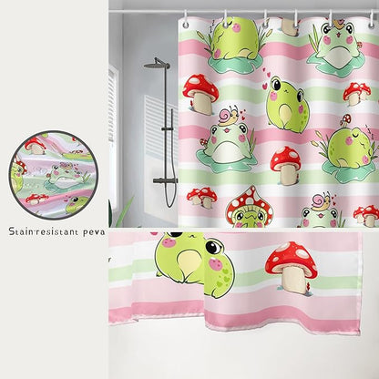AILONEN Cute Frog Shower Curtain, Cartoon Mushroom Frog Printed Shower Curtain, 72" W*96" H Waterproof Green Wild Animals Kawaii Curtain with Grommets and 12 Hooks
