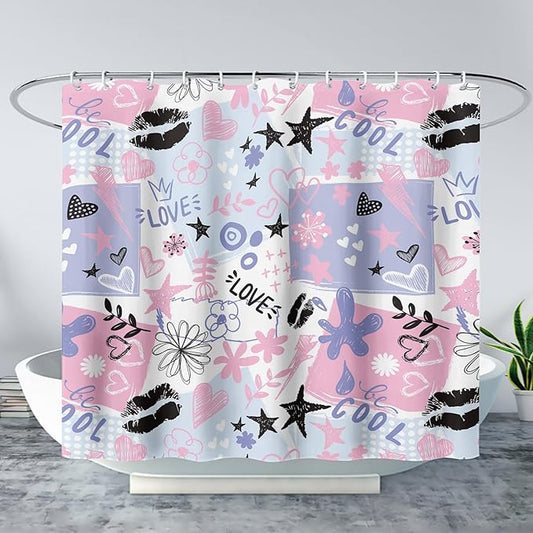 AILONEN Love Lipstick Shower Curtain,Stars with Flowers Theme Waterproof Fabric Shower Curtain Set for Girls Boys Kids Teens, 60" W*72" H Purple Graffiti Shower Curtain Set