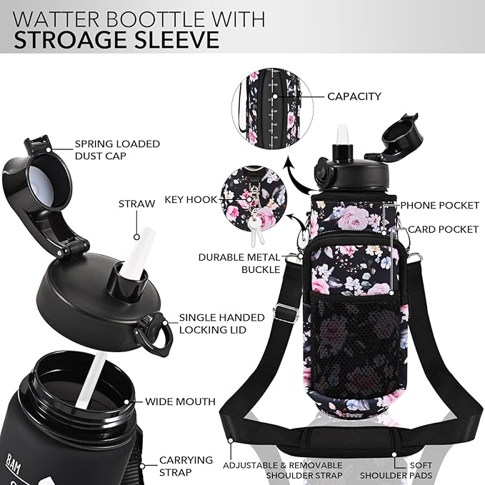 32 oz Water Bottle with Straw and Sleeve, Motivational Water Bottle with Time Marker and Adjustable Shoulder Strap, BPA Free Leakproof Sport Water Jug for Hiking, Gym