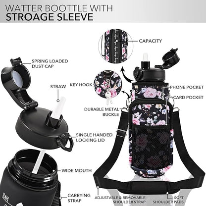 32 oz Water Bottle with Straw and Sleeve, Motivational Water Bottle with Time Marker and Adjustable Shoulder Strap, BPA Free Leakproof Sport Water Jug for Hiking, Gym