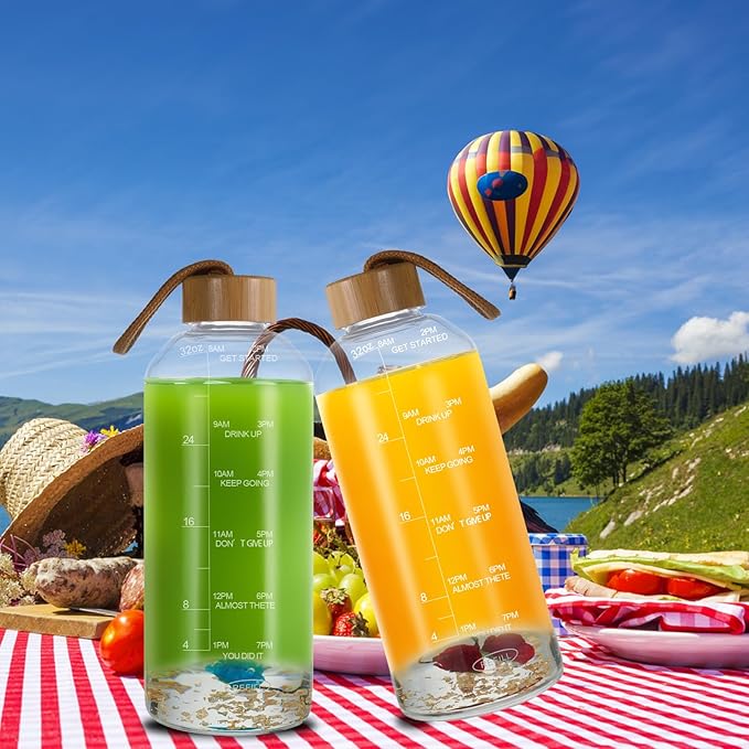 Crazy Music 32 oz Clear Glass Water Bottles,Reusable Glass Juicing Bottles with Bamboo Leak Proof Lids -Sports Water Bottle with Time Marker for Gym, Sports, Outdoors(Gold RosesTheme)