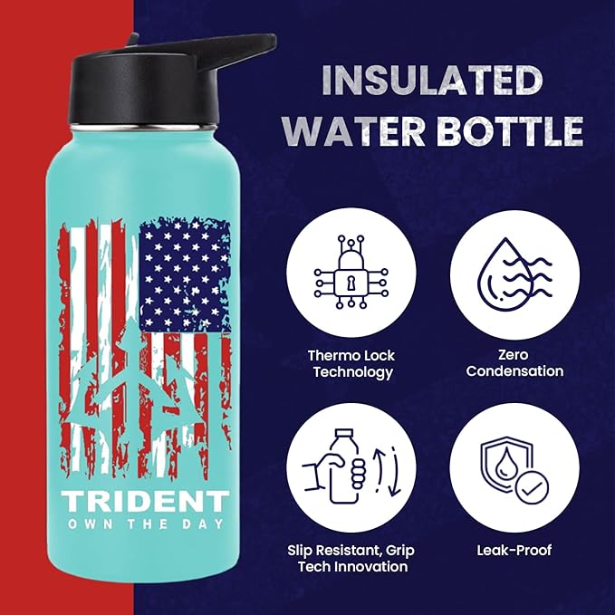 American Flag Water Bottle, 32 oz Insulated Water Bottle, Reusable Water Bottle with Straw, Leak Proof Water Bottles, Thermos Water Bottle - Combat Veteran Small Business (Teal, 32 Oz)