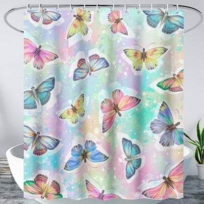 AILONEN Butterfly Shower Curtain,Rainbow Butterfly Bath Curtain,Modern Tie Dye Butterfly Art Decorative Shower Curtain with 12 Plastic Hooks (Kids/Girls/Women/Teen/) 72" W*84" H
