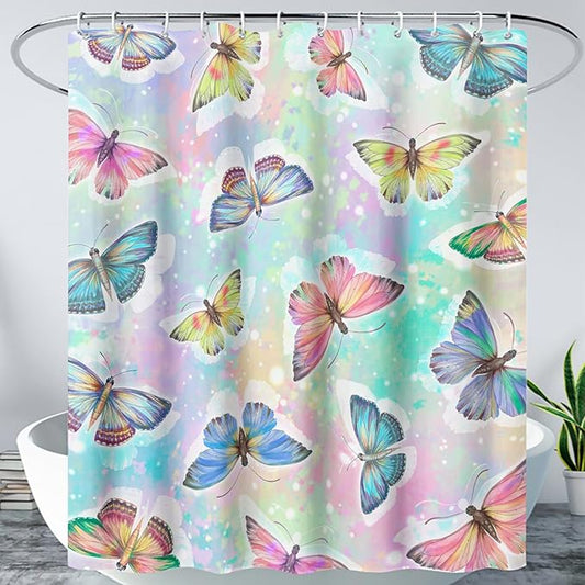 AILONEN Butterfly Shower Curtain,Rainbow Butterfly Bath Curtain,Modern Tie Dye Butterfly Art Decorative Shower Curtain with 12 Plastic Hooks (Kids/Girls/Women/Teen/) 60" W*72" H