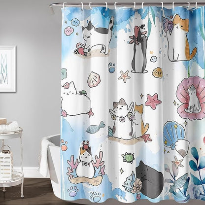 AILONEN Watercolor Cat Shower Curtain for Bathroom, Cute Cat Princess Shell Waterproof Bath Curtain,Cat Lover Minimalist White Curtain with 12 Plastic Hooks(48" W*72" H)