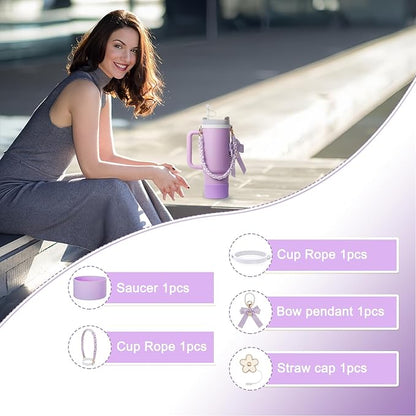 BELSITA Stanley Cup Accessories Set, Bow Pearl Chain Braided Design Water Bottle Handle Strap, Silicone Stanley Cup Boot, Stanley Charms for Stanley Cup 30/40oz Tumble (Purple)
