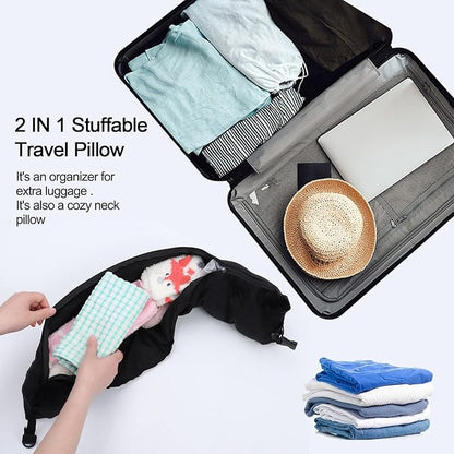 2pcs Stuffable Travel Pillow, Black Gray Neck Pillow with Adjustable Straps, Storage Bag Fits 3 Days Travel Essentials, Large Capacity Neck Pillow for Airplanes Traveling