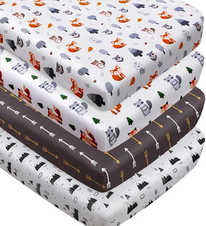 4 Pack Woodland Forest Animals Wood Neutral Unisex Fitted Baby Crib Sheets Set for Baby Boys or Girls Fox