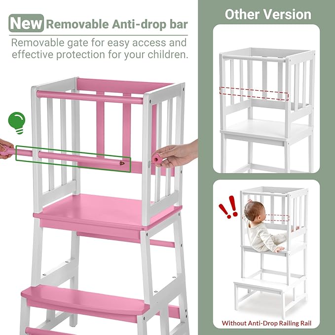 COSYLAND Kids Kitchen Step Stool, Toddler Standing Tower with CPC & FSC Certification, Removable Anti-Drop Railing Safety Rail Enjoys Unique Patented Design A Anti-tip Stable Structure Pink & White