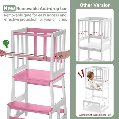 COSYLAND Kids Kitchen Step Stool, Toddler Standing Tower with CPC & FSC Certification, Removable Anti-Drop Railing Safety Rail Enjoys Unique Patented Design A Anti-tip Stable Structure Pink & White