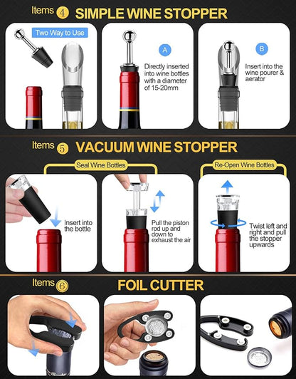 6pcs Wine Chiller Set - 2 Wine Bottle Cooler Sticks + 1 Wine Aerator Pourer + 1 Foil Cutter + 2 Wine Stoppers, Wine Tasting Drinking Accessory, Hosting Wine Gift for Wine Lover Women Men
