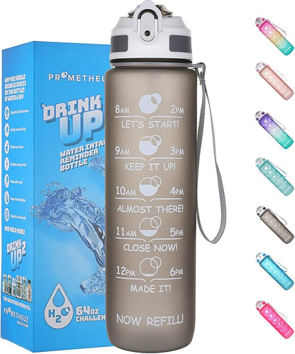 Prometheuz 32oz Water Bottle with Straw, Motivational Water Bottle with Time Marker, Water Bottles Leakproof & BPA-Free for Sports, Work and Fitness Grey