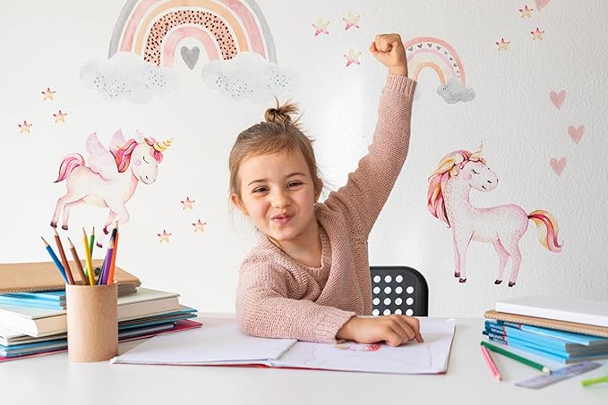 Large Rainbow Wall Decals by Lipastick - 138 pcs Rainbow Wall Stickers - Unicorn Wall Decals for Kids Bedroom Room Nursery – Kids Wall Stickers Cloud Stars Ponies - Waterproof Wall Art Décor M Size