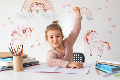 Large Rainbow Wall Decals by Lipastick - 138 pcs Rainbow Wall Stickers - Unicorn Wall Decals for Kids Bedroom Room Nursery – Kids Wall Stickers Cloud Stars Ponies - Waterproof Wall Art Décor M Size