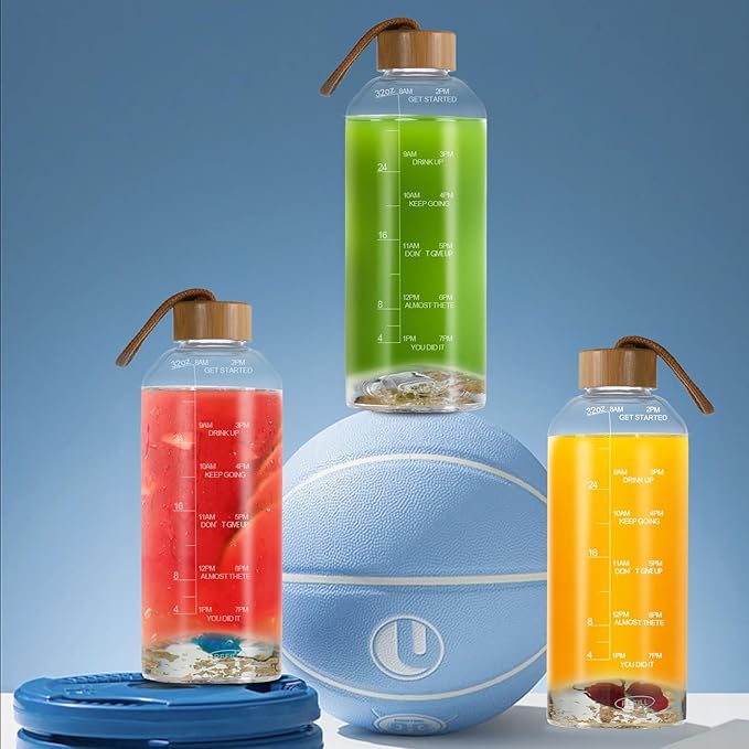 Crazy Music 32 oz Clear Glass Water Bottles,Reusable Glass Juicing Bottles with Bamboo Leak Proof Lids -Sports Water Bottle with Time Marker for Gym, Sports, Outdoors(Green RosesTheme)