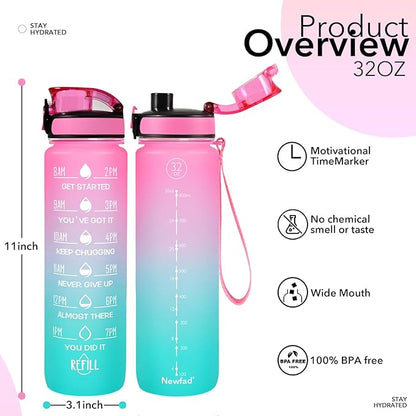 32 oz Water Bottles with Straw & Strap, Motivational Water Bottles with Times to Drink, BPA Free Reusable Sports Water Bottle with Sleeve Carrier for Gym, Workout or Fitness (Butterfly in Love)