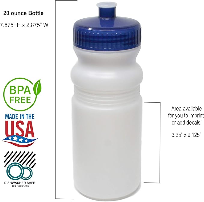 Rolling Sands 20 Ounce Sports Water Bottles 24 Pack, BPA-Free, Made in USA, Dishwasher Safe, Clear Frost Bottles/Variety