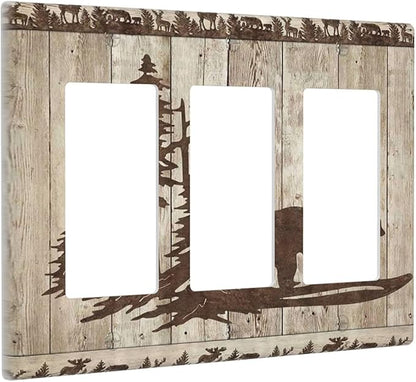 Rustic Wood Bear Forest 3 Gang Rocker Light Switch Plate Vintage Antique Cabin Triple Decora Outlet Wall Plate Cover Faceplate Decorative Switchcovers GFCI for Farmhouse Bathroom Bedroom Decorate