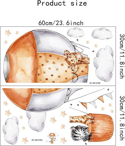 Waterproof Removable Vinyl PVC Hot Air Balloon Zebra Giraffe Safari Animal Wall Decal Wall Sticker Decor Wallpaper Peel Art for Nursery Kidsroom School Classroom Livingroom Bedroom Bathroom