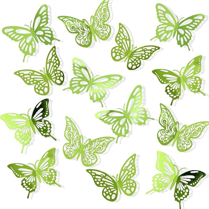 48Pcs 3D Butterfly Wall Decor 3 Sizes 3 Styles, Butterfly Decorations Party Birthday Cake Decoration, Removable Butterfly Wall Stickers for Kids Nursery Wedding Bedroom Room Decor (Green)