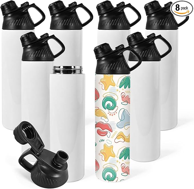 AGH 20 oz Sublimation Sports Water Bottle Blanks with Straw & Handle Lid Straight Tumblers Stainless Steel Metal Vacuum Insulated Flask for Glitter Vinyl, Sport Outdoor Travel 8pcs