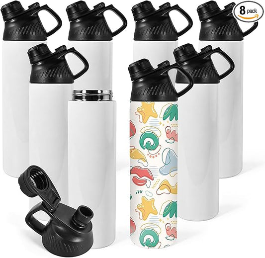 AGH 20 oz Sublimation Sports Water Bottle Blanks with Straw & Handle Lid Straight Tumblers Stainless Steel Metal Vacuum Insulated Flask for Glitter Vinyl, Sport Outdoor Travel 8pcs
