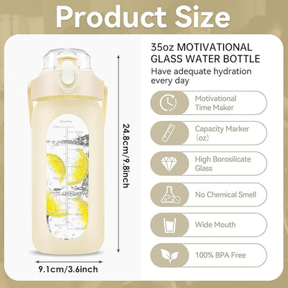 32 oz Glass Water Bottle with Time Marker - 1000ml Large Sports Motivational Water Bottles with Handle & Silicone Case, 1 Liter Leak-proof Measured Drinking Bottle for Gym Fitness Workout (White)