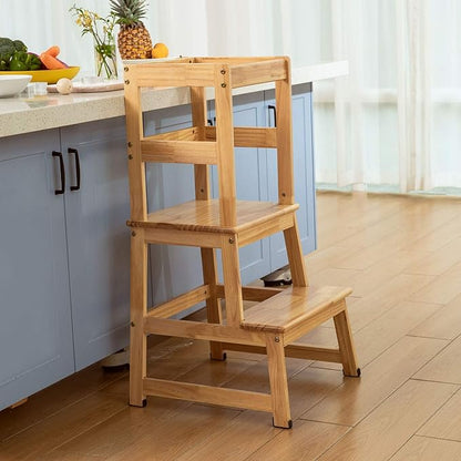 Kitchen Step Stool for Toddlers and Kids with Safety Rails for Kitchen Counter Solid Wood (Natural)