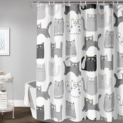 AILONEN Cat Shower Curtain 60" W*72" H Funny Cartoon Cat Grey Printed Bath Curtain Cat Theme Shower Curtain Minimalist Bathroom Curtain Decor Polyester Waterproof Curtain with 12 Hooks