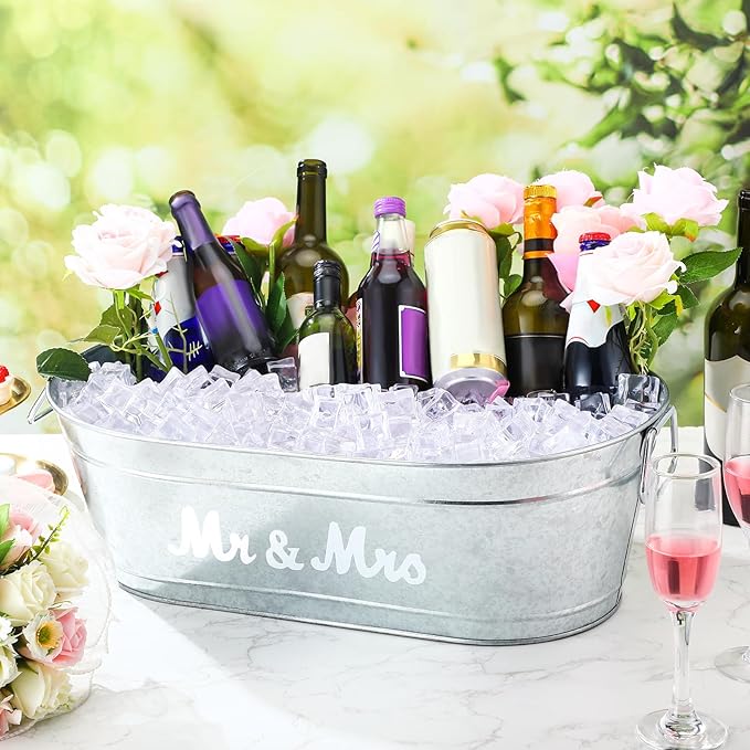 2 Pcs Wedding Mr and Mrs 5.5 Gallons Galvanized Beverage Stainless Steel Ice Buckets Tubs with Handles, Large Drink Wine Cooler Bins for Parties Farmhouse Garden Bar Christmas (Mr and Mrs)