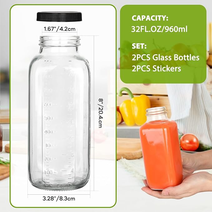 32oz Glass Juice Bottles with Lids 2Pack,Reusable Square Glass Milk Bottle with Lid,Clear Empty Glass for Beverages, Jams, Kombucha, Milkshakes,Oils(32fl.oz,Set of 2)