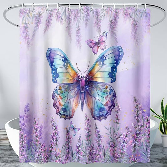 AILONEN Butterfly Shower Curtain for Bathroom, Purple Lavender Bath Curtain Decor,Flower Butterfly Waterproof Shower Curtain with 12 Plastic Hooks (Kids/Girls/Women/Teens) 72" W*78" H