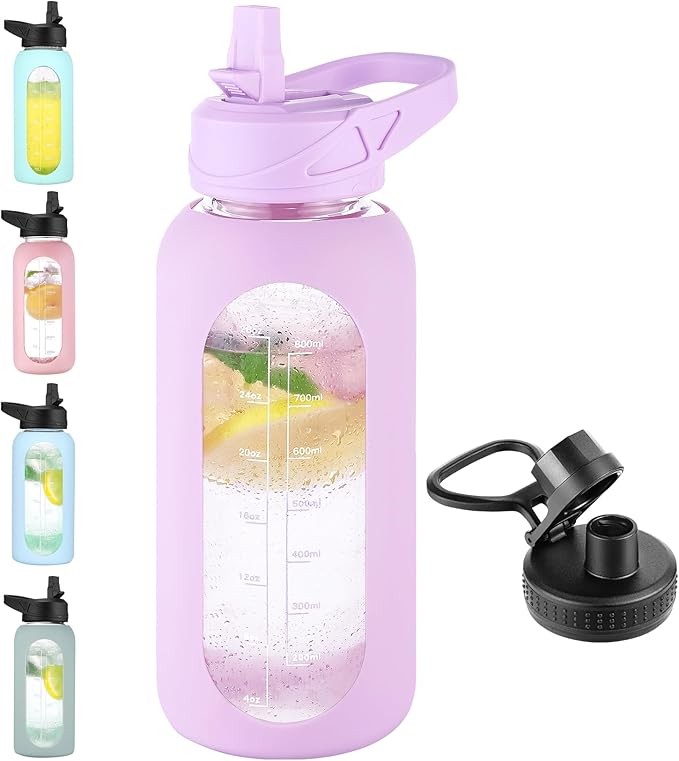 32 oz Glass Water Bottle with Straw and Handle, Sports Motivational Water Flask with Silicone Sleeve, Large Leakproof Water Flask Cup with Time Marker for Travel, Gym, Purple