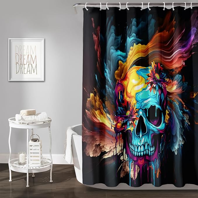 AILONEN Sugar Skull Shower Curtain for Bathroom,Romantic Colorful Smoky Skull Bath Curtain,Watercolor Skull Skeleton Decoration Bathroom Waterproof Shower Curtain with 12 Plastic Hooks, 72" W*72" H