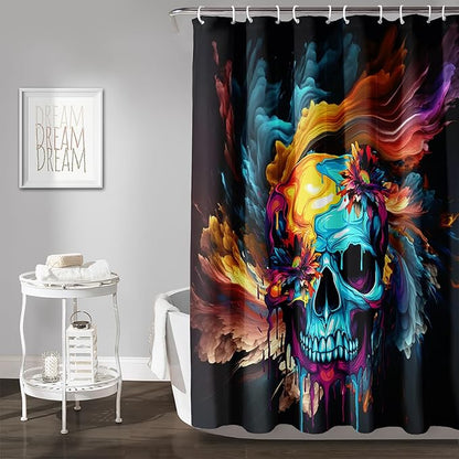 AILONEN Sugar Skull Shower Curtain for Bathroom,Romantic Colorful Smoky Skull Bath Curtain,Watercolor Skull Skeleton Decoration Bathroom Waterproof Shower Curtain with 12 Plastic Hooks, 72" W*96" H