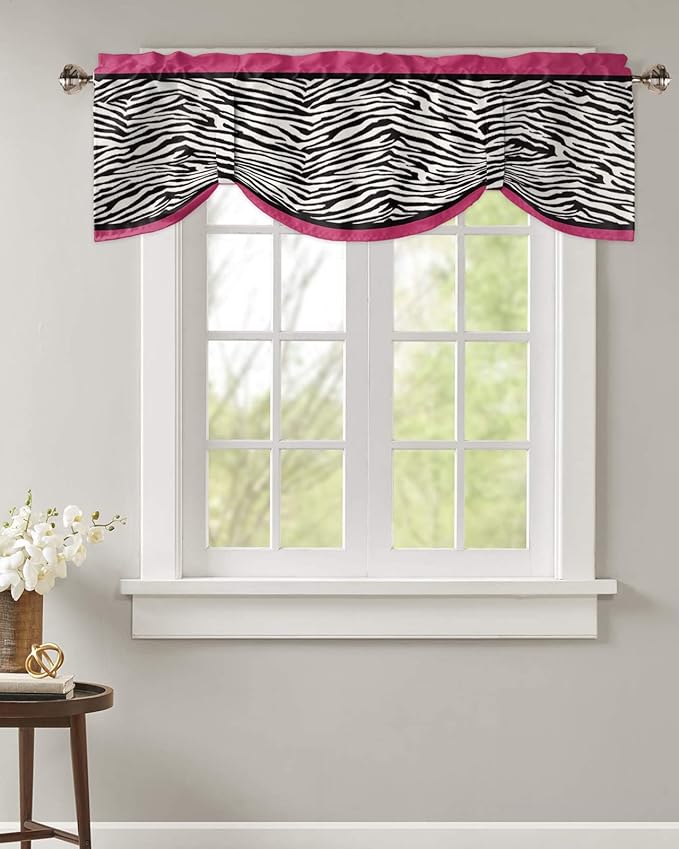 Animal Zebra Print Blackout Tie Up Valance Curtains for Kitchen Windows Black White Pink Window Toppers Balloon Shades for Living Room/Bathroom/Bedroom,1 Panel,54" X 18"