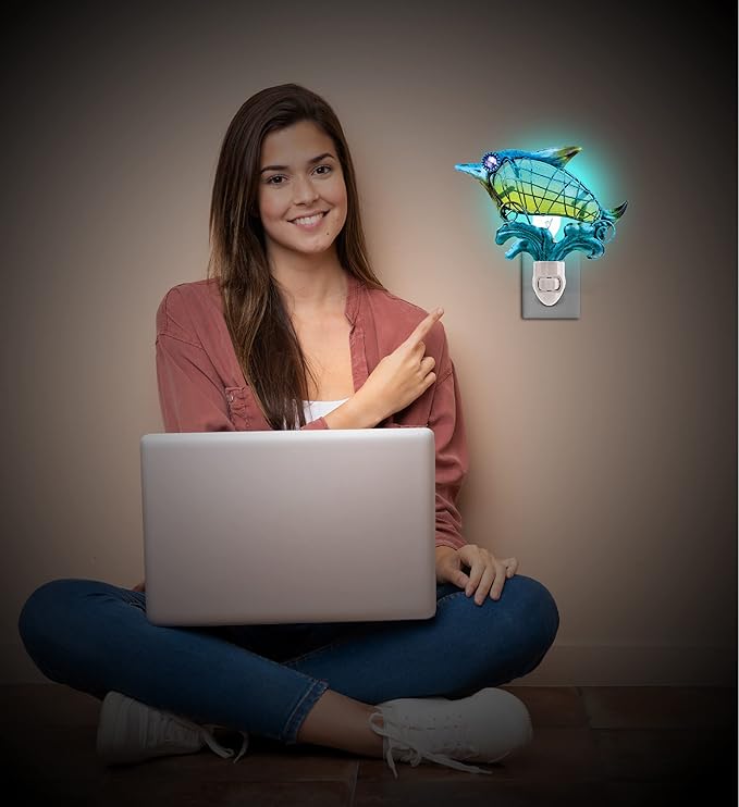 CoTa Global Dolphin Night Light – Wall Plug in Night Light with Switch, Hand Made Metal & Glass Nightlight for Bathroom, Nursery, Hallway, Kitchen, & Bedroom – 5 Inches