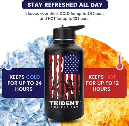 American Flag 64 oz Water Bottle, Reusable Water Bottle with Straw, Leak Proof Water Bottles, 64oz Insulated Water Bottle, Thermos Water Bottle - Retired Navy Combat Vet Small Business (Black, 64 Oz)