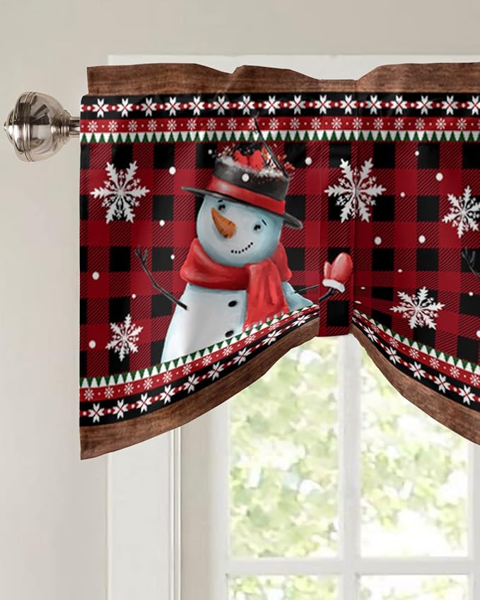 Christmas Blackout Tie Up Valance Curtains for Kitchen Windows Funny Snowman Snowflake Window Toppers Balloon Shades for Living Room/Bathroom/Bedroom,1 Panel,60" X 18" Red Farmhouse