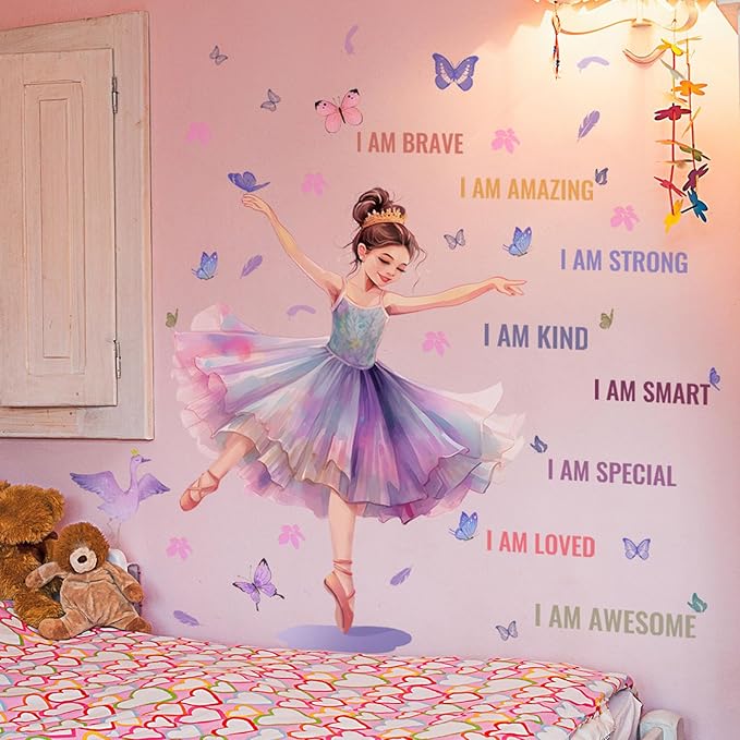 Butterfly Girl Wall Decals with Quotes, Colorful Butterflies and Motivational Lettering, Wall Stickers for Nursery, Girl Bedroom or Dance Room (MS7109)