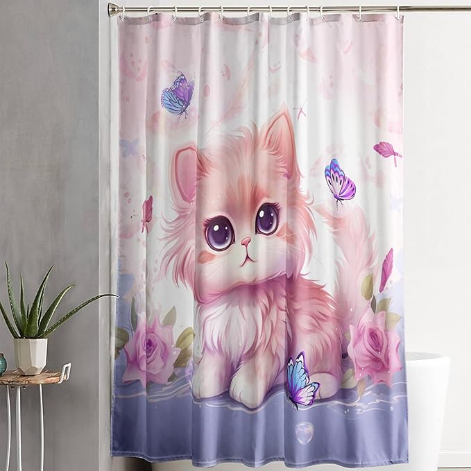 AILONEN Cute Cat Shower Curtain for Kids Boys,Kawaii Kitten and Butterfly Fabric Shower Curtains for Bathroom,Big Eye Pink Cat Polyester Cloth Bath Curtain Set, 48" W*72" H Pink