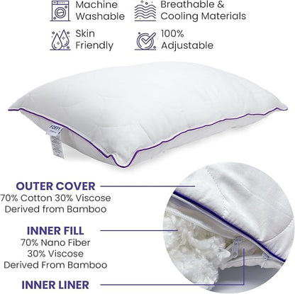 Adjustable Soft Bed Pillow for Back, Stomach, and Side Sleepers, Supportive, Cotton, Viscose, Breathable and Oeko-Tex Certified (Queen)