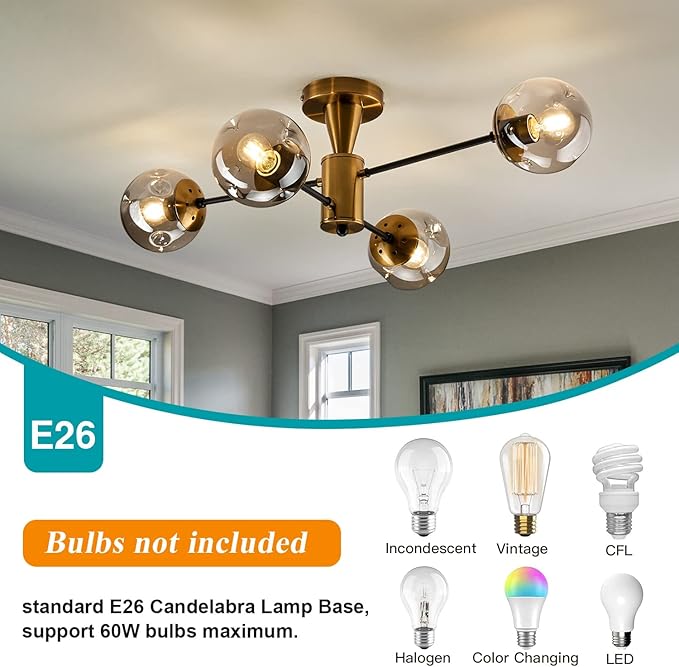 Modern Semi Flush Mount Ceiling Light Fixture, 4-Light Gold Mid Century Chandelier with Glass Globe,Ceiling Lighting for Dinning Room Farmhouse Kitchen Bedroom Living Room.